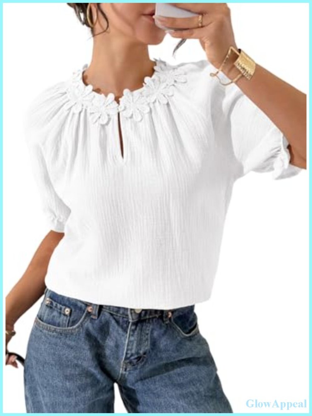 Dressy Casual Blouse Puff Short Sleeve Lace Crewneck Floral Embroidered Cotton